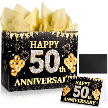 Imagem de Lednica Saco de presente de festa de aniversário de 50 anos com papel de seda e cartão, saco de embrulho de papel de aniversário de casamento de 30 cm para mulheres e homens, suprimentos de prata para