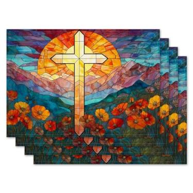 Imagem de Jauageon Jogo americano de Páscoa, conjunto com 4 tapetes de mesa He is Risen estilo vitral Jesus cruz para ambientes internos e externos, casa, festa, cozinha, jantar, decoração, fazenda