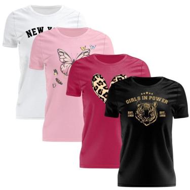 Imagem de Kit 4 Tshirt Blusa Estampadas Feminina Manga Curta Colorida Gênero:Mulher;Tamanho:GG;Cor:-Feminino