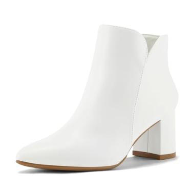 Imagem de mysoft Bota feminina de cano baixo, salto grosso, confortável, bico fino, recorte em V, elegante, bota de escritório com zíper, Poliuretano branco, 35