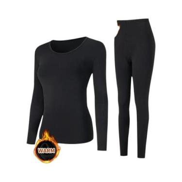 Imagem de Conjunto De Roupa Térmica Feminina De 2 Peças Em Cor Sólida Com Decote