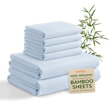 Imagem de Homilay Jogo de cama Queen 6 peças 100% viscose derivado de bambu, roupa de cama macia e sedosa com bolso profundo de até 16, lençóis de cama refrescantes orgânicos e certificados Oeko-TEX, azul claro