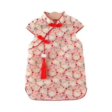 Imagem de Vestido Qipao De Algodão Para Meninas, Estilo Chinês, Manga Curta, Ves