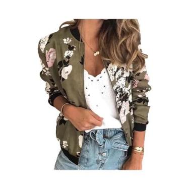 Imagem de Jaqueta Bomber Feminina Com Estampa Floral E Zíper, Ajuste Slim Para P
