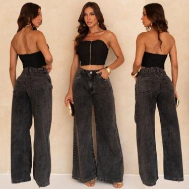 Imagem de Calça Wide Leg Jeans Feminina Cintura Alta Premium Confortável Modelag