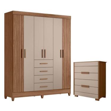 Imagem de Guarda Roupa Solteiro e Cômoda Aruba Dhara 6 Portas de Bater 4 Gavetas MDP MDF com Espelho Carvalho Fendi Fosco