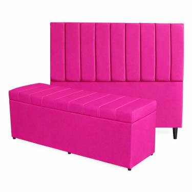 Imagem de Kit De Quarto Roma Cabeceira De Cama Box E Calçadeira Baú Casal 140 Cm Suede Rosa Pink Eli Móveis E Decoração