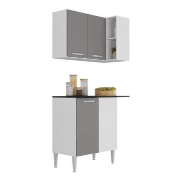 Imagem de Kit Armário de Cozinha Aéreo Canto com Balcão 90cm 3 Portas Pequim Mul