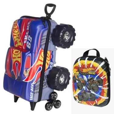 Imagem de Kit Mala Infantil Mochila Escolar Hot Wheels Monster Trucks, Azul