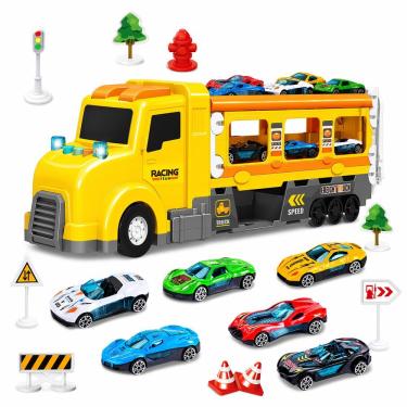 Imagem de Brinquedo Caminhao Cegonha com Pista de Corrida e 6 Carrinhos Amarelo Infantil Transformavel Draik