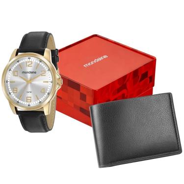 Imagem de Kit Relógio Masculino Mondaine Analógico Couro Sintético Prata com Carteira 48MM