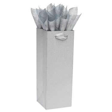 Imagem de Papyrus Saco de presente para bebidas de 35,5 cm com papel de seda (glitter prateado) para aniversários, casamentos, chás de panela e todas as ocasiões (1 saco, 4 folhas)