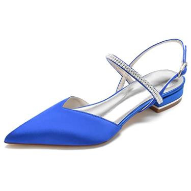 Imagem de Sandálias femininas de cetim com salto baixo tira no tornozelo sem salto baixo, Azul, 9.5
