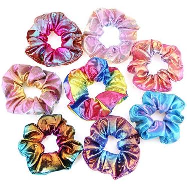 Imagem de Onwon 8 peças Scrunchies metálicos brilhantes elásticos elásticos para cabelo Scrunchies elásticos para cabelo de sereia com laço elástico para rabo de cavalo, laços de cabelo para mulheres e meninas acessórios de cabelo