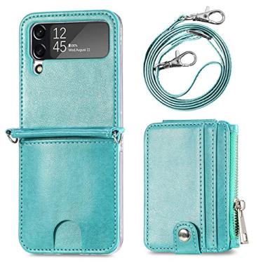 Imagem de Carteira retro PU slot para cartão de couro crossbody colar capas de corrente para samsung galaxy z flip 4 zflip 4 zflip4 capa, verde, para samsung z flip 4