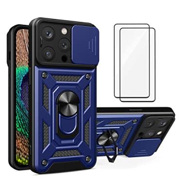 Imagem de Capa iPhone 14 Pro Case (2 pedaços de filme temperado Protetora) de Câmera Proteção de Tela Metal KickStand (Azul)