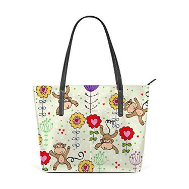 Imagem de Bolsa de ombro feminina de couro de poliuretano, bolsa de compras grande, bolsa de trabalho, desenho de macaco, bolsa casual