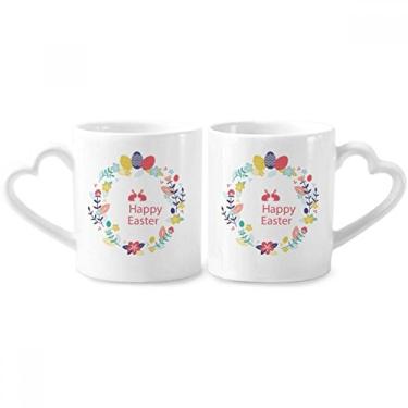 Imagem de Conjunto de canecas de porcelana para casal Happy Easter Religion Festival Folhas de Flores com alça de coração