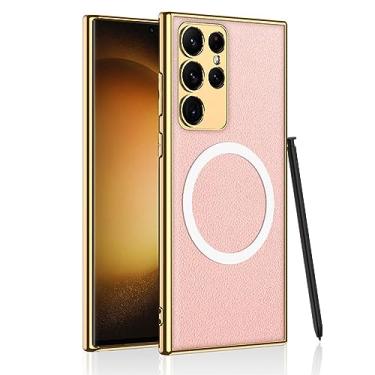 Imagem de LXURY Capa para Samsung Galaxy S23 Ultra/S23 Plus/S23, capa magnética de couro empresarial suporta carregamento sem fio TPU macio antiarranhões, rosa, S23 6,1 polegadas