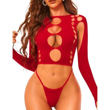 Imagem de RSLOVE Conjuntos de lingerie sexy para mulheres, body impertinente, top com recorte de manga comprida, de malha exótica para bodystocking, Vermelho, One Size
