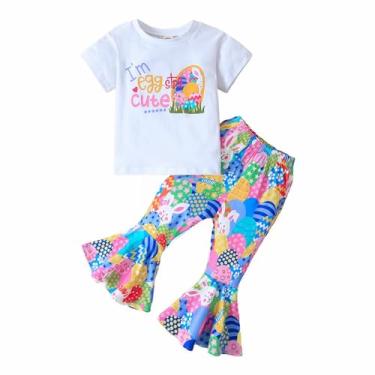 Imagem de Conjunto de camisetas de manga curta com estampa de coelhinho e calça de sino rodada para bebês meninas, Branco, 5-6 Anos