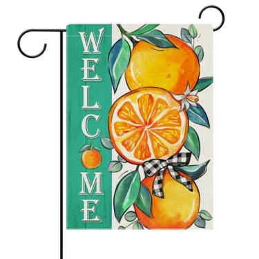 Imagem de Dyrenson Welcome Spring Orange Decorative Garden Flag, Fruits Flowers Leaves Yellow Teal Yard Outside Home Decorations, Summer Seasonal Burlap Outdoor Small Decor Dupla Face 12 x 18