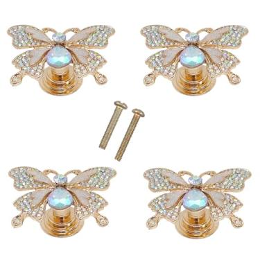 Imagem de LLDYNW 4 peças de puxador de borboleta criativo armário gaveta guarda-roupa cômoda puxador de liga de zinco maçaneta de porta de móveis furo único (strass dourado)