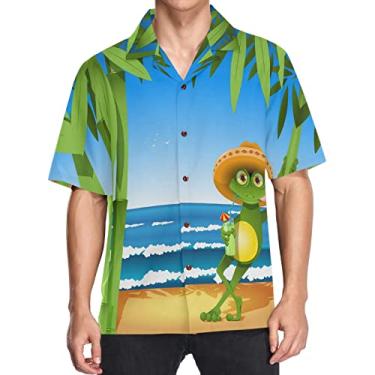 Imagem de visesunny Camisa masculina casual de botão manga curta havaiana Frog on Sandy to Seacoast Aloha, Multicolorido, M
