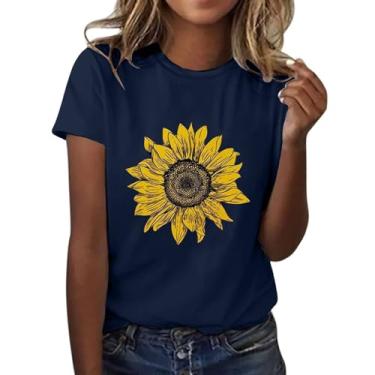 Imagem de Camiseta feminina com estampa floral de girassol, manga curta, gola redonda, moda feminina, gola rolê, manga comprida, Azul marino, M