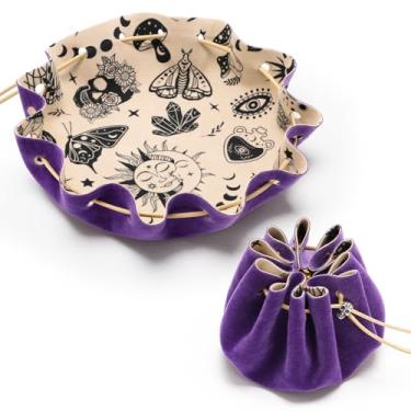 Imagem de Bolsa de cordão roxa com cordão roxo DND bandeja de dados de feltro - perfeita para jogadores de RPG, jogadores de mesa, armazenamento de pequenos acessórios - ideal para joias, moedas, chaves