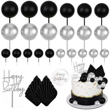 Imagem de MEMOVAN 26pcs Man Birthday Cake Topper Black Boho Cake Topper Black Silver Balls Palm Leaves Cake Decorations for Man Boy Bohemian Black Silver Theme Wedding Baby Shower Birthday Party