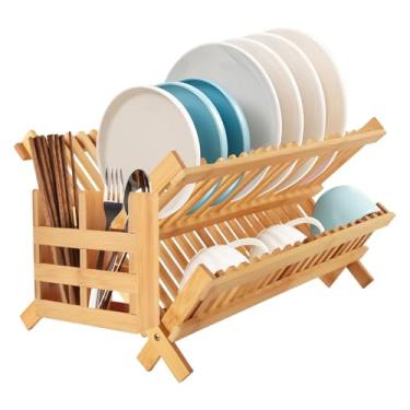 Imagem de Tefola Escorredor de pratos de bambu, design dobrável de 2 camadas com suporte de utensílios, escorredor de pratos de cozinha, escorredor de pratos para balcão de cozinha, 42 x 43 cm