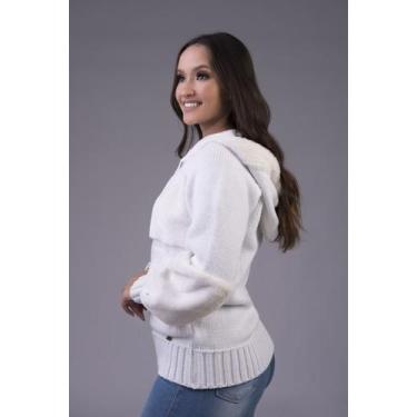Imagem de Jaqueta de Tricô com Capuz e Pele Fake - Jéssi Malhas, Branco, G