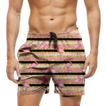 Imagem de Short Praia Shorts Banho Bermuda Verão Flamingo Listras Dourado 1872 -