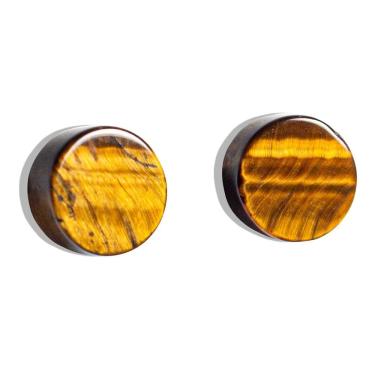 Imagem de Brinco Botton Pedra Olho de Tigre Pino Tarraxa Banho Dourado