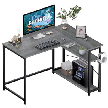 Imagem de Mesa de computador Pamray em L, 109 cm, com prateleiras laterais reversíveis, mesa de canto pequena para home office, mesa de estudo, mesa de computador para quarto, cinza espresso