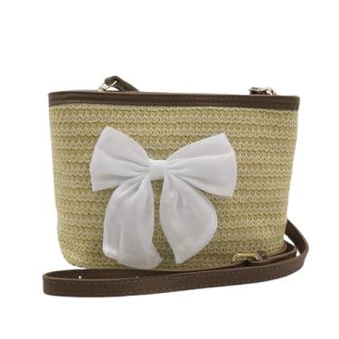 Imagem de Bolsa transversal de palha para mulheres e meninas, bolsa de ombro de palha, bolsa transversal, Laço cor café