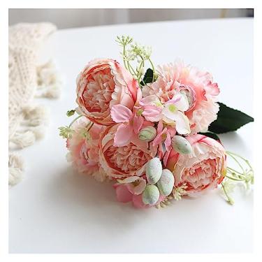 Imagem de Vaso de flores artificiais de seda branca, buquê de flores artificiais, decoração de casa, vaso de arranjos de flores de peônia falsa (C)