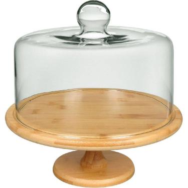 Imagem de PRATO BOLO BOLEIRA REDONDO COM PÉ HOME&CO TAMPA VIDRO BAMBU 29x28x28cm