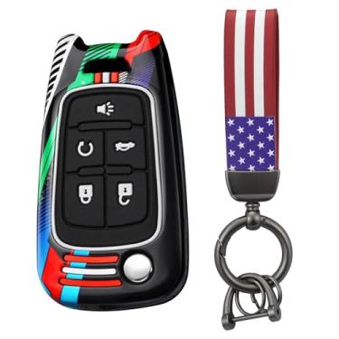 Imagem de HIBEYO Capa de chaveiro dobrável compatível com Buick Encore Apto para Chevy Camaro Equinox Impala Sonic Trax GMC Acessórios de terreno Shell de chave pintado de metal com chaveiros da bandeira dos