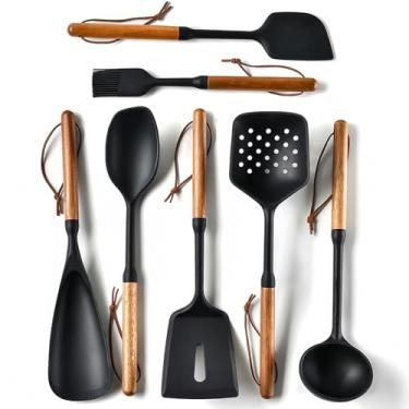 Imagem de Conjunto requintado de utensílios de cozinha de silicone – conjunto de utensílios de cozinha não tóxicos e resistentes ao calor com alças de silicone e madeira de grau alimentício – inclui espátula e