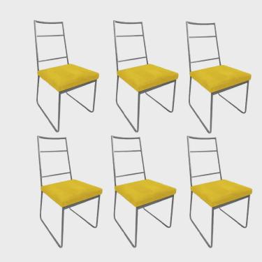 Imagem de Kit 06 Cadeiras Sala de Jantar Escritório Office Stark Industrial Ferro Prata Suede Amarelo - Ahz Móveis