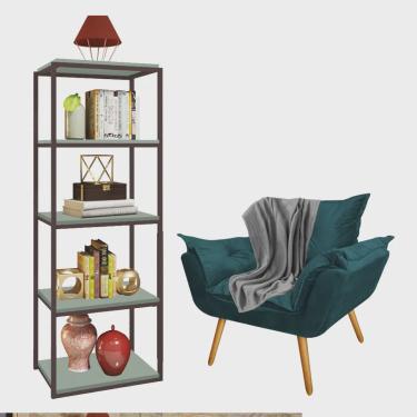 Imagem de Kit Poltrona Fatte com Manta Soft Cinza e Estante Livreiro Ferro Marrom mdf Verde Oliva Suede Azul Turquesa - Ahazzo Móveis
