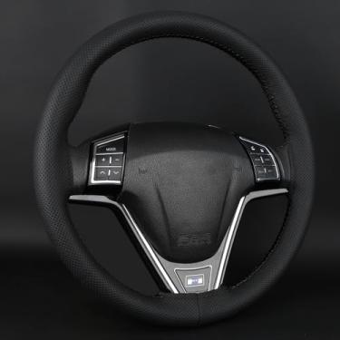 Imagem de Capa de volante de couro de microfibra ultramacia, ajuste universal, respirável, antiderrapante, envoltório costurado na roda, serve para 35 a 38 cm, ideal para carros e SUVs, preta