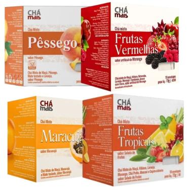 Imagem de Chá de Pêssego Maracujá Frutas Vermelhas e Tropicais Cx. 10 sachês Kit com 4