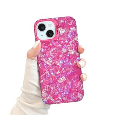 Imagem de Capa com glitter compatível com iPhone 15 com design de concha de pérola colorida brilhante de luxo para mulheres e meninas, capa protetora à prova de choque traseira rígida de TPU para iPhone 15 de