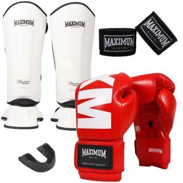 Imagem de Kit Luva Muay Thai Mxm Red + Caneleira Muay Thai Classic White + Banda
