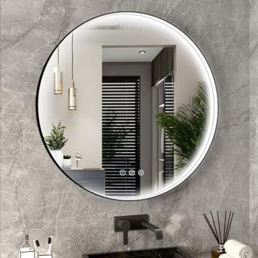 Imagem de Twalsu Espelho Redondo De Led De 28 Polegadas Para Banheiro, Moldura De Metal Preta, Espelho De Banheiro Com Led E Luzes, 3 Cores E Espelho De Penteadeira Iluminado Com Ajuste De Intensidade, Antie