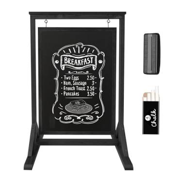 Imagem de ORIENGEAR Placas de quadro-negro rústico com moldura A dupla face - Cavalete independente, magnético, balançante, placas de sanduíche para restaurante ao ar livre, café, casamento