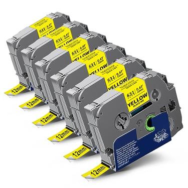 Imagem de Topcolor Pacote com 6 Tze631 12 mm 0,47 fita de etiqueta amarela laminada compatível com Brother Tze-631 Tze631 TZ-631 P Touch Label Tape Tz Tze 12 mm 1/5.1 cm preto em amarelo para PTD210 PTD220